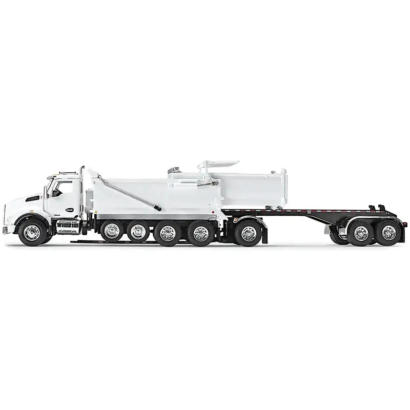 Kenworth T880 Quad-Axle Dump Truck and Rogue Transfer Tandem-Axle Dump Trailer Viper White 1/64 Diecast Model by DCP/First Gear