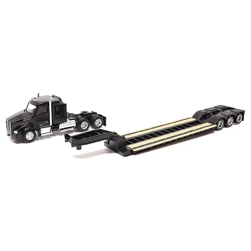 Kenworth T880 SBFS Sleeper Tandem Tractor Black with Lowboy Trailer and CAT 320D L Hydraulic Excavator Yellow 1/87 (HO) Diecast Model by Diecast Masters