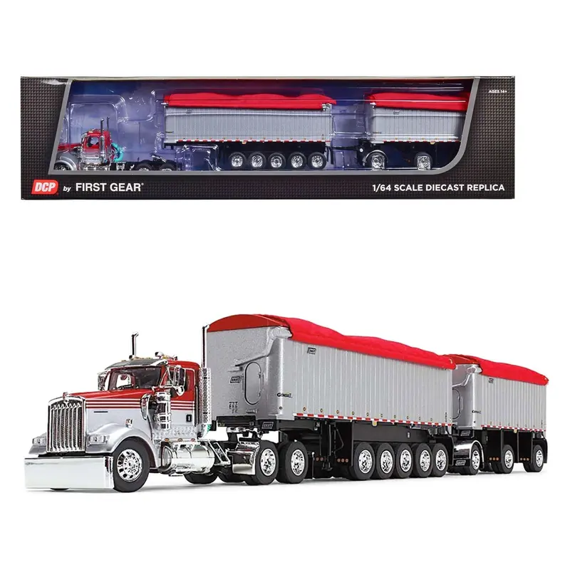 Kenworth W900L Day Cab and East Michigan Series 31' and 20' End Dump Trailers Viper Red and Silver 1/64 Diecast Model by DCP/First Gear