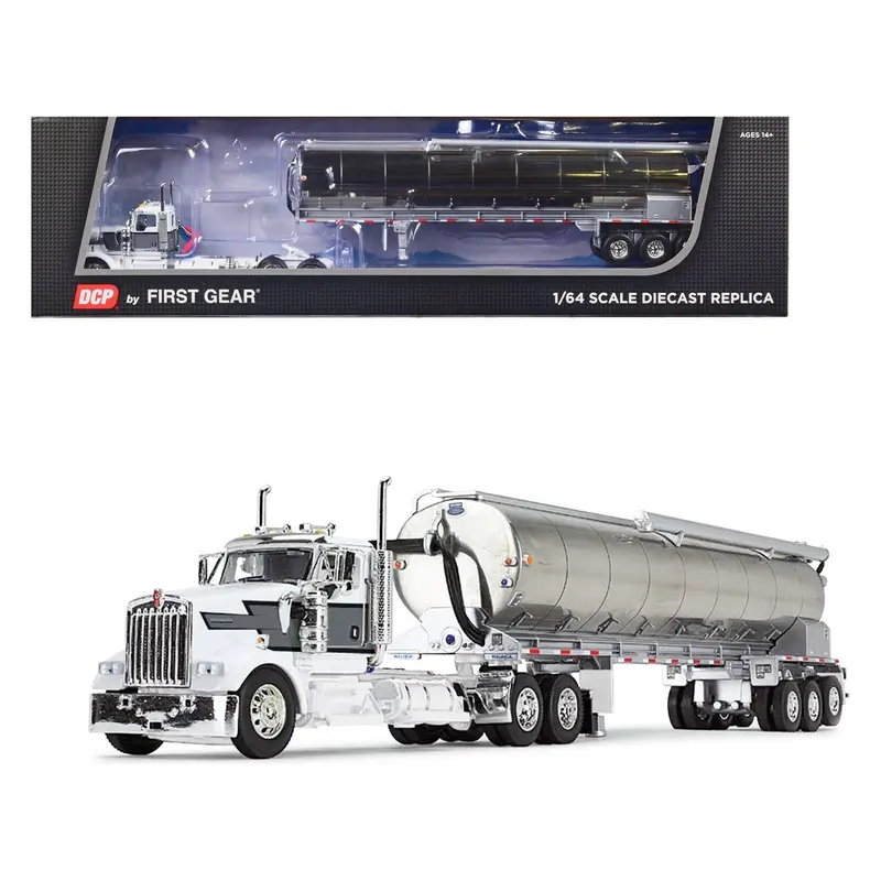 Kenworth W900L Day Cab and Walinga Bulk Tank Trailer White with Black and Gray Stripes 1/64 Diecast Model by DCP/First Gear