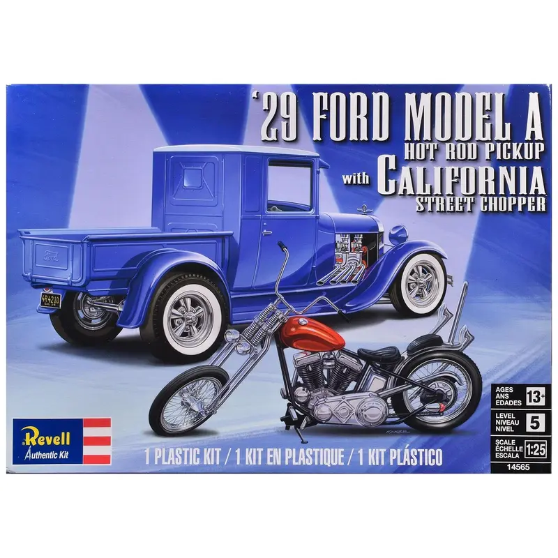 Level 5 Model Kit 1929 Ford Model A Hot Rod Pickup Truck and California Street Chopper Motorcycle 1/25 Scale Model by Revell