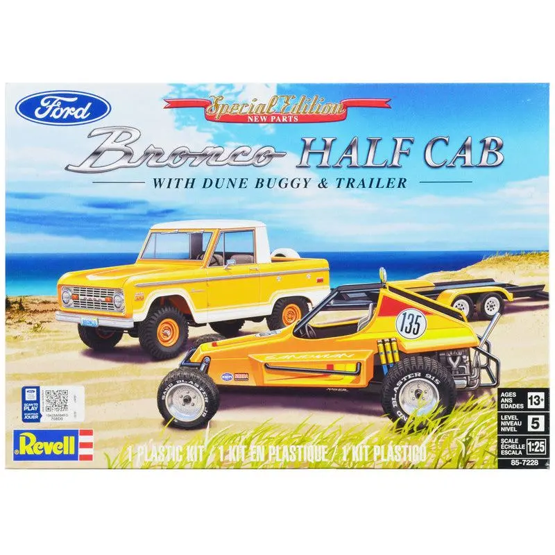 Level 5 Model Kit Ford Bronco Half Cab with Dune Buggy and Flatbed Trailer 1/25 Scale Model by Revell
