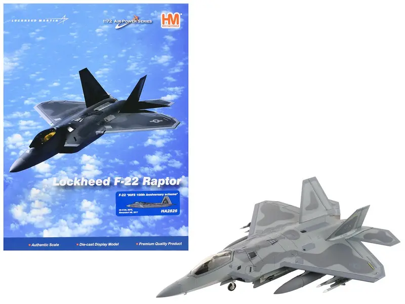 Lockheed F-22 Raptor Stealth Aircraft "09-4190 90th Fighter Squadron 100th Anniversary Elmendorf Air Base" (2017) United States Air Force "Air Power Series" 1/72 Diecast Model by Hobby Master