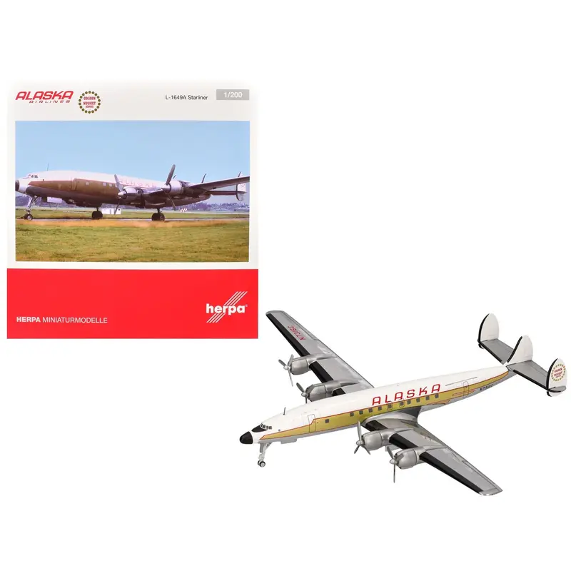 Lockheed L-1649A Starliner Commercial Aircraft "Alaska Airlines - Golden Nugget Service" (N7316C) White and Gold with Red Stripes 1/200 Diecast Model Airplane by Herpa