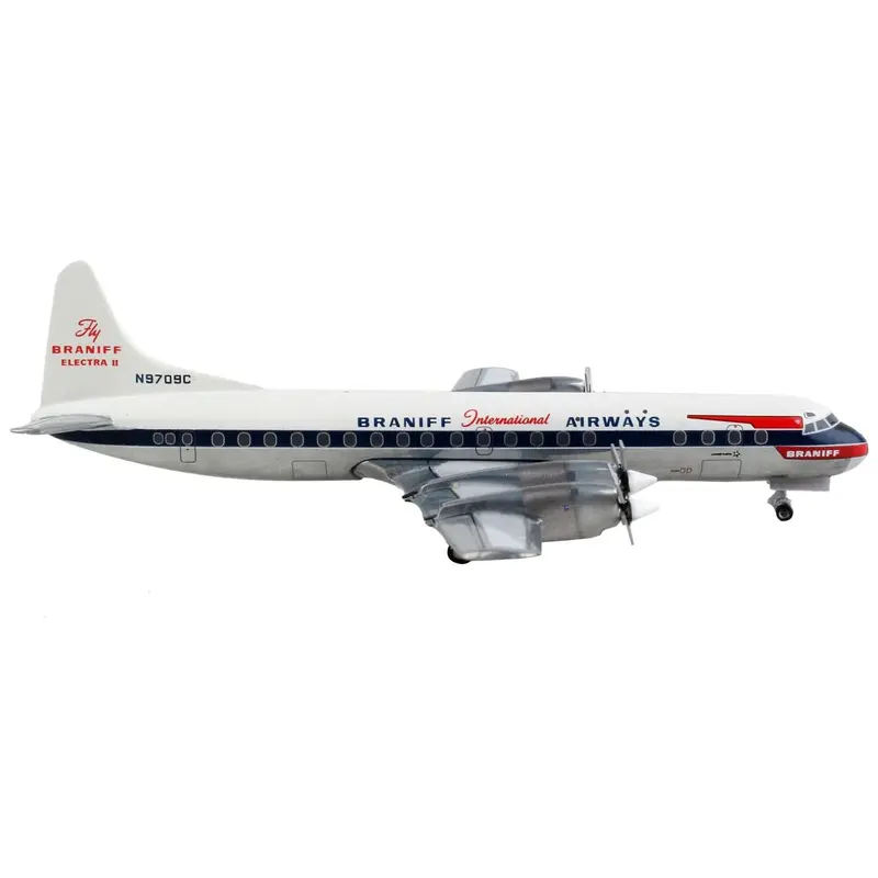 Lockheed L-188 Electra Commercial Aircraft "Braniff International Airways" White with Blue Stripes 1/400 Diecast Model Airplane by GeminiJets