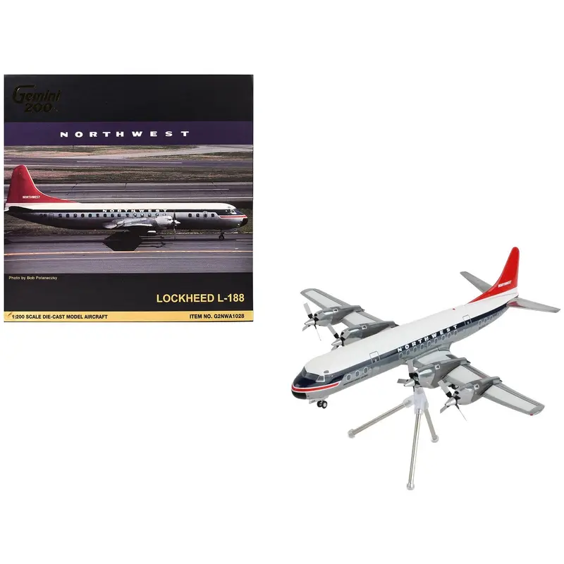 Lockheed L-188 Electra Commercial Aircraft "Northwest Orient" (N128US) White and Gray with Blue Stripes and Red Tail "Gemini 200" Series 1/200 Diecast Model Airplane by GeminiJets