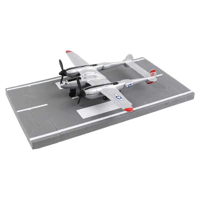 Lockheed P-38J Lightning Fighter Aircraft Silver Metallic "United States Army Air Force" with Runway Section Diecast Model Airplane by Runway24