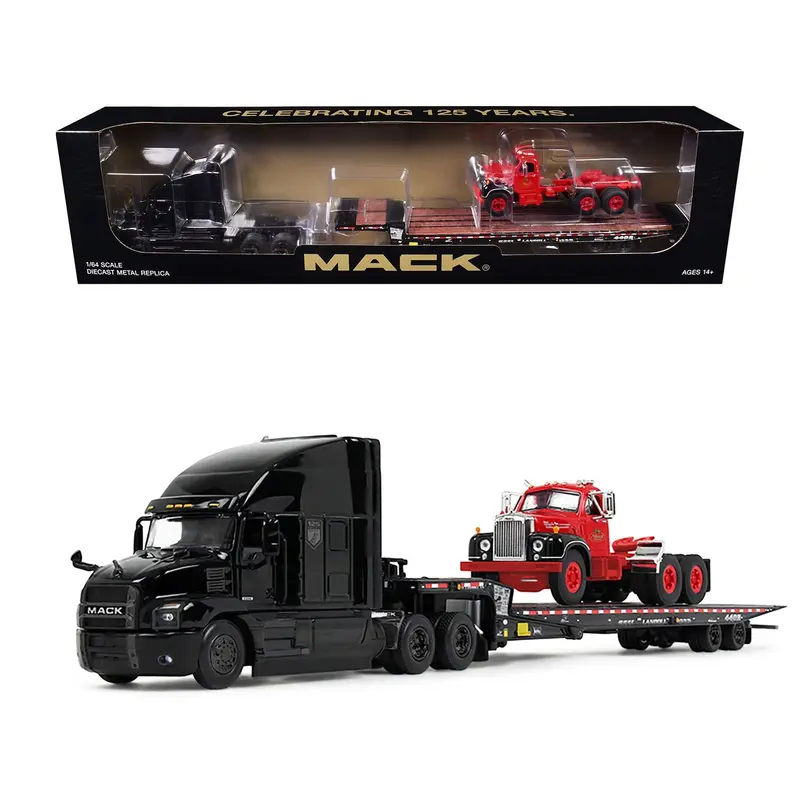 Mack Anthem Sleeper and Landoll 440B-50CA Traveling Axle Trailer Black with Mack B-61 Day Cab Load Red "Mack Anniversary" 1/64 Diecast Model by DCP/First Gear