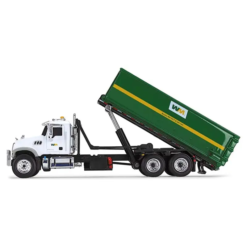 Mack Granite MP Refuse Garbage Truck with Tub-Style Roll-Off Container "Waste Management" White and Green 1/87 (HO) Diecast Model by First Gear