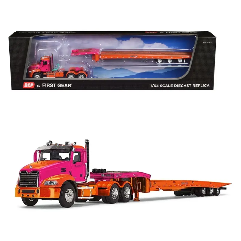 Mack Pinnacle Day Cab with Aftermarket Minimizer Parts and Talbert 5553TA Traveling-Axle Trailer Orange and Fuchsia 1/64 Diecast Model by DCP/First Gear