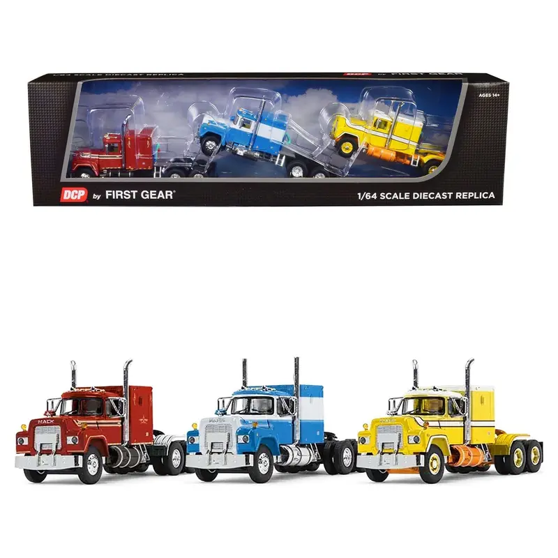 Mack R Sleeper Trio Set of 3 Truck Tractors in Red Blue and Yellow 1/64 Diecast Models by DCP/First Gear