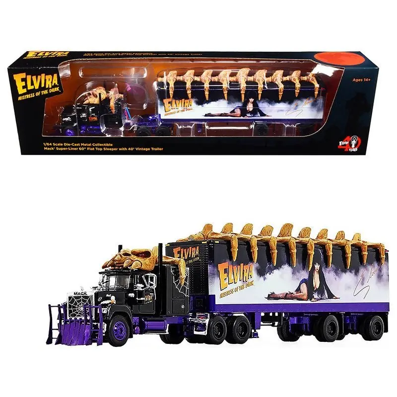 Mack Super-Liner 60" Flat Top Sleeper Cab with Vintage 40' Dry Goods Trailer "Elvira Mistress of the Dark" 40 Years TV Show Anniversary (1981-2021) 1/64 Diecast Model by DCP/First Gear