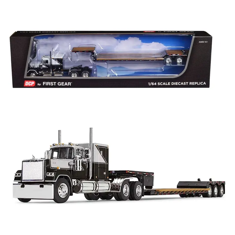 Mack Super-Liner with 60" Flat Top Sleeper &  Fontaine Renegade LXT40 Lowboy Trailer with Flip Axle Black and Gray 1/64 Diecast Model by DCP/First Gear