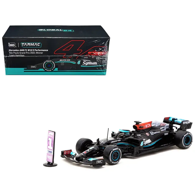 Mercedes-AMG F1 W12 E Performance #44 Lewis Hamilton Winner Formula One F1 Sao Paolo GP (2021) with Number Board "Global64" Series 1/64 Diecast Model Car by Tarmac Works