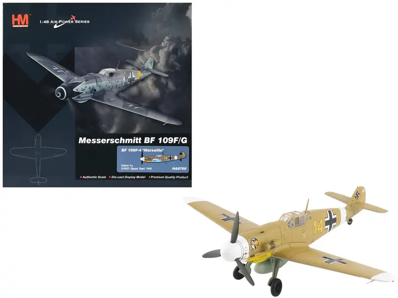 Messerschmitt Bf 109F-4 Fighter Aircraft "Marseille Yellow 14 3./JG27 Egypt" (1942) German Luftwaffe "Air Power Series" 1/48 Diecast Model by Hobby Master