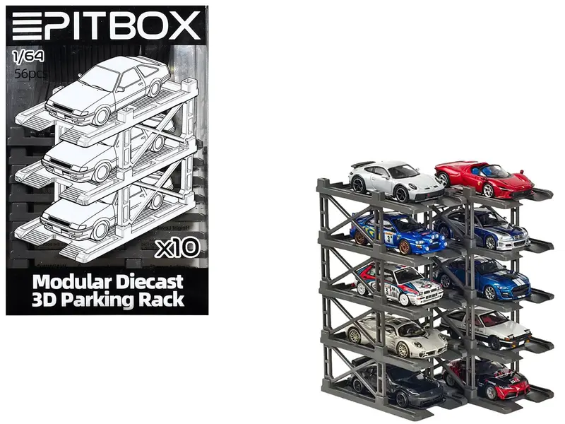 Modular Diecast 3D Parking Rack Display Stand Set of 10 Racks for 1/64 Scale Model Cars by Pitbox