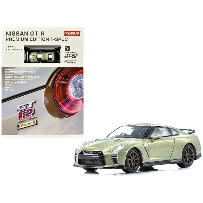 Nissan GT-R Premium Edition T-Spec RHD (Right Hand Drive) Jade Green Metallic with Mini Book No.11 1/64 Diecast Model Car by Kyosho