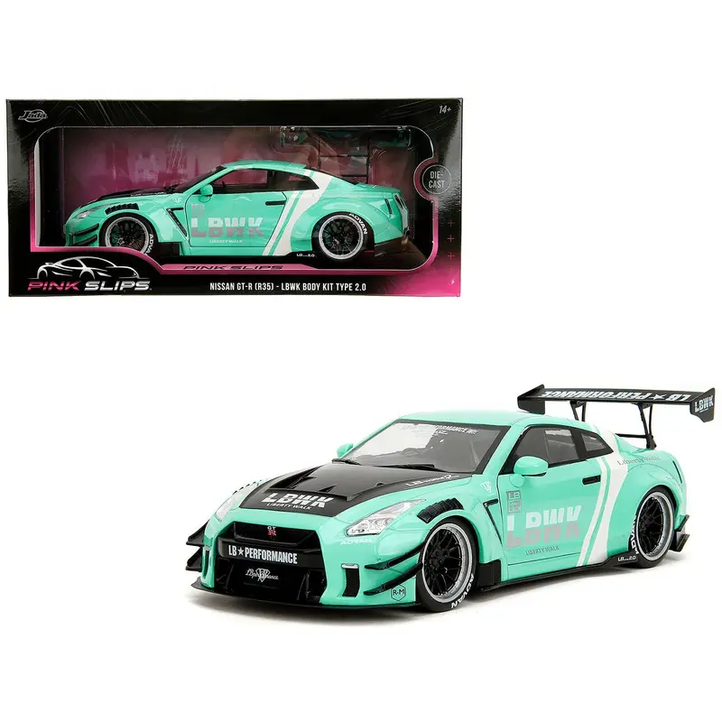 Nissan GT-R (R35) Liberty Walk Body Kit 2.0 RHD (Right Hand Drive) Light Blue with Black Hood and White Stripes "Pink Slips" Series 1/18 Diecast Model Car by Jada