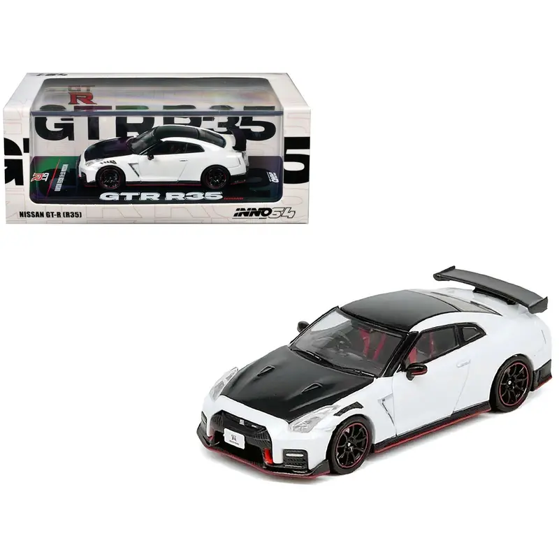 Nissan GT-R (R35) Nismo RHD (Right Hand Drive) White with Carbon Hood and Top 1/64 Diecast Model Car by Inno Models