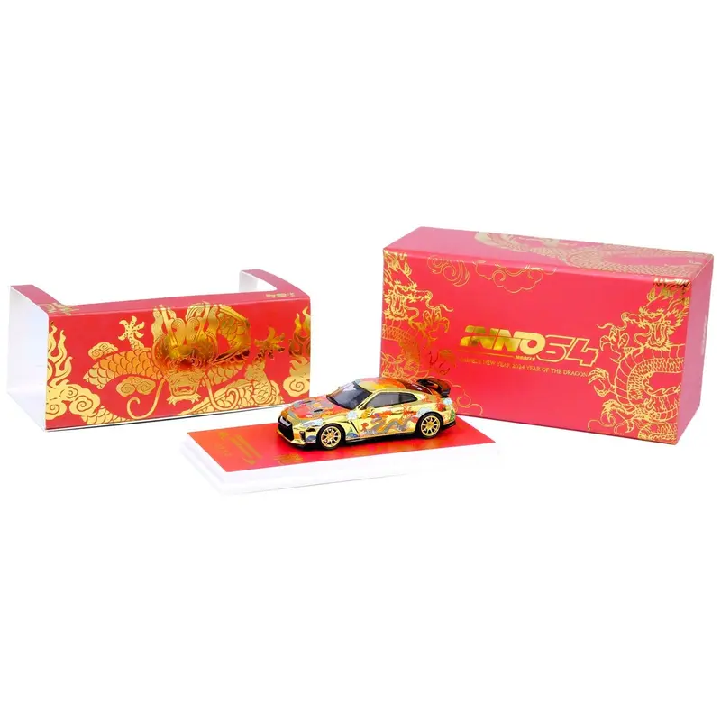 Nissan GT-R (R35) RHD (Right Hand Drive) Gold Metallic with Graphics "Year of the Dragon - 2024 Chinese New Year Special Edition" 1/64 Diecast Model Car by Inno Models