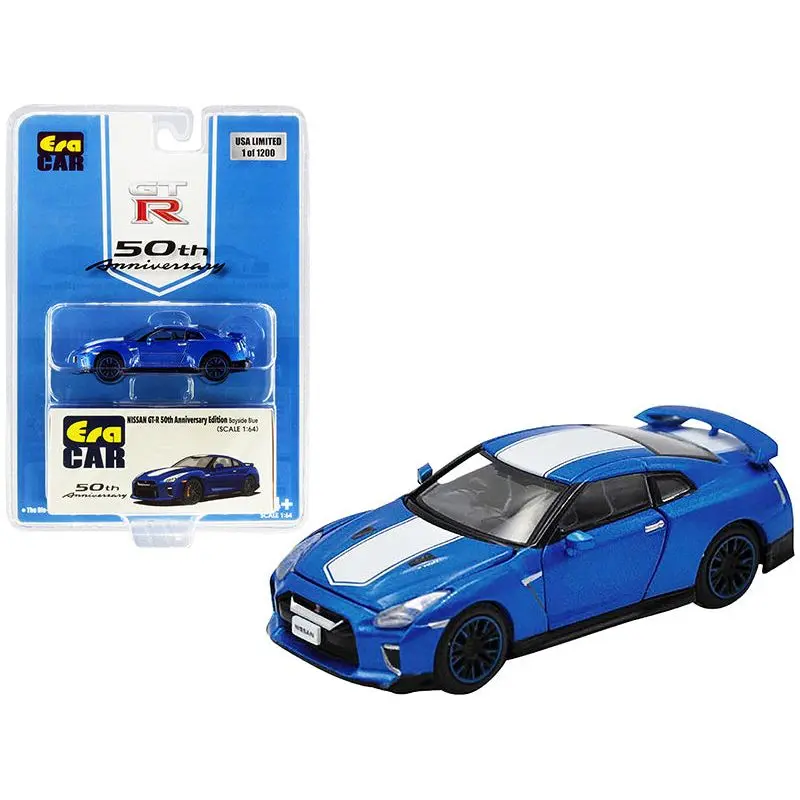 Nissan GT-R RHD (Right Hand Drive) Bayside Blue with White Stripe "50th Anniversary Edition" Limited Edition to 1200 pieces 1/64 Diecast Model Car by Era Car
