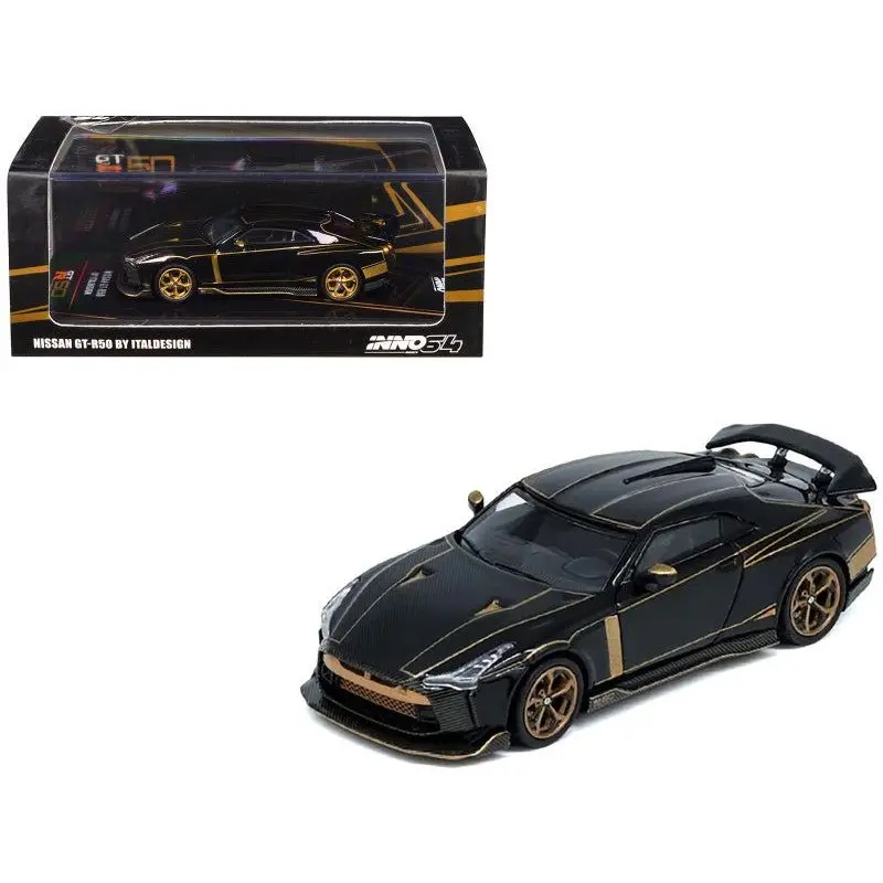 Nissan GT-R50 By ItalDesign Black with Gold Accents and Carbon Hood 1/64 Diecast Model Car by Inno Models