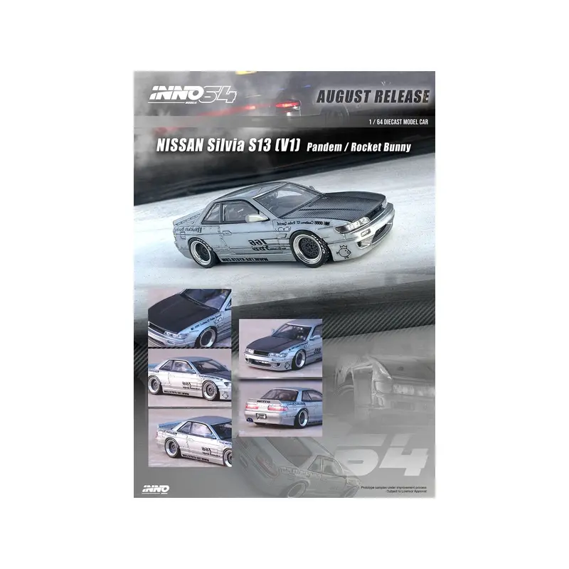 Nissan Silvia S13 (V1) RHD (Right Hand Drive) Silver Metallic with Carbon Hood "Pandem/Rocket Bunny" 1/64 Diecast Model Car by Inno Models