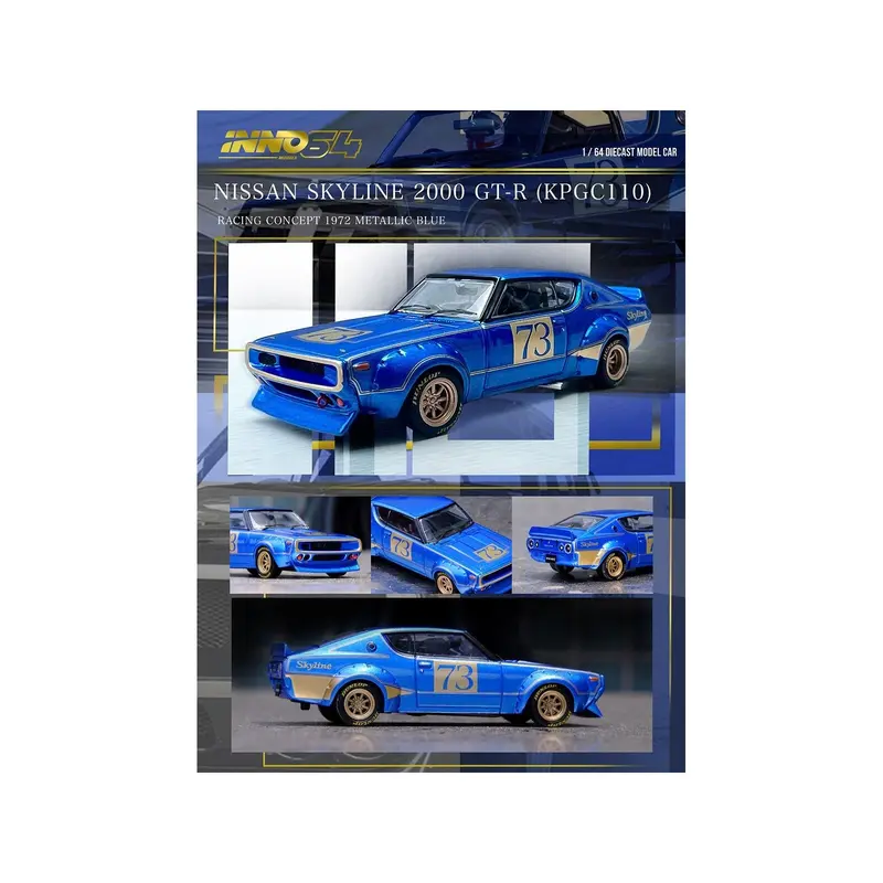 Nissan Skyline 2000 GT-R (KPGC110) RHD (Right Hand Drive) #73 Blue Metallic "Racing Concept" 1/64 Diecast Model Car by Inno Models