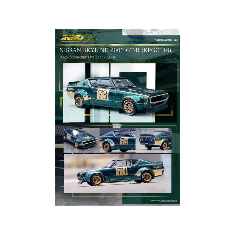 Nissan Skyline 2000 GT-R (KPGC110) RHD (Right Hand Drive) #73 Green Metallic "Racing Concept" 1/64 Diecast Model Car by Inno Models