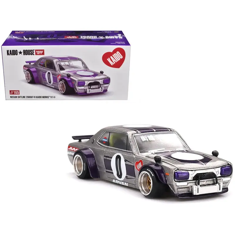 Nissan Skyline 2000GT-R (KPGC10) "Kaido Works V1" RHD (Right Hand Drive) #0 Silver Metallic with Purple Stripes (Designed by Jun Imai) "Kaido House" Special 1/64 Diecast Model Car by Mini GT