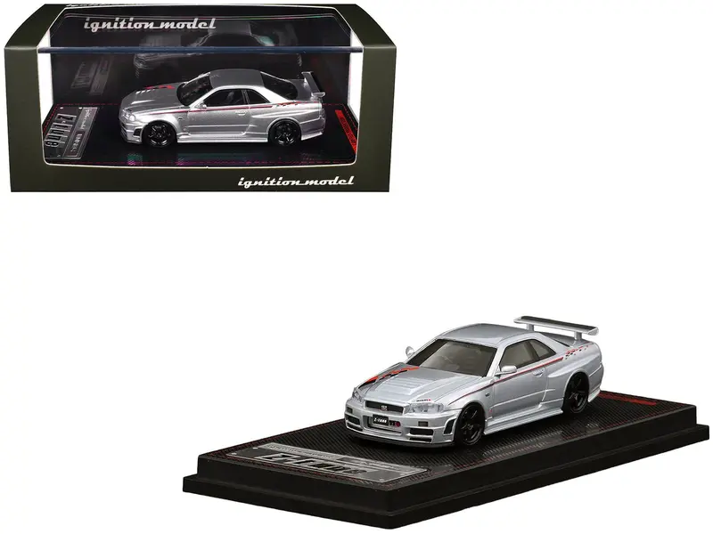 Nissan Skyline GT-R (BNR34) Z-Tune Nismo RHD (Right Hand Drive) Silver Metallic with Graphics 1/64 Diecast Model Car by Ignition Model