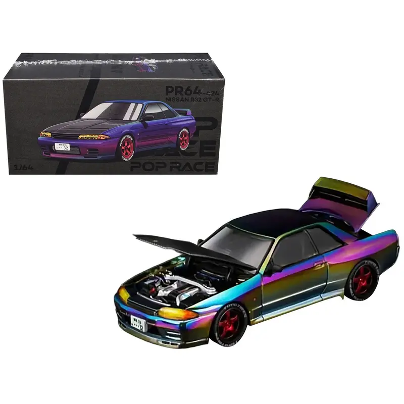 Nissan Skyline GT-R (R32) RHD (Right Hand Drive) Chameleon Chrome with Carbon Hood "Vancouver Edition" 1/64 Diecast Model Car by Pop Race