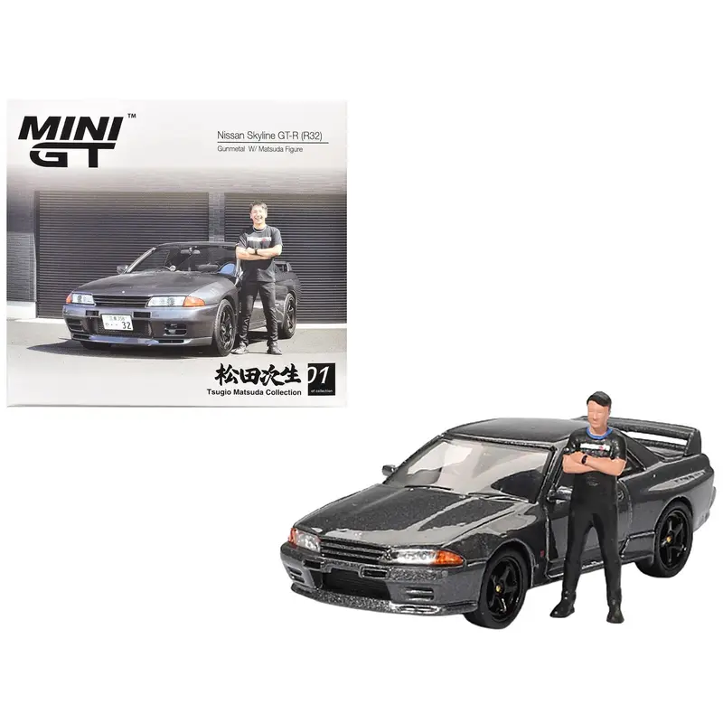 Nissan Skyline GT-R (R32) RHD (Right Hand Drive) Gunmetal Gray Metallic with Tsugio Matsuda Figure Limited Edition 1/64 Diecast Model Car by Mini GT