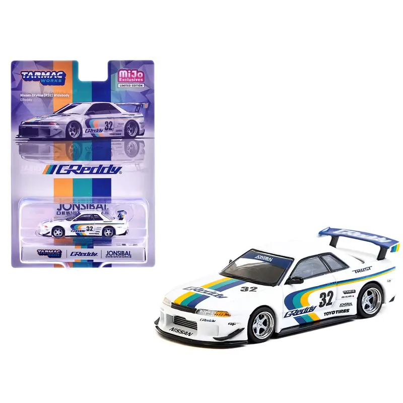 Nissan Skyline GT-R (R32) Widebody RHD (Right Hand Drive) #32 "Greddy - Jonsibal Designworks" White with Stripes "Global64" Series 1/64 Diecast Model by Tarmac Works