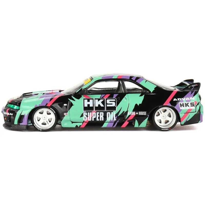 Nissan Skyline GT-R (R33) "HKS V1" RHD (Right Hand Drive) Black with Graphics (Designed by Jun Imai) "Kaido House" Special 1/64 Diecast Model Car by Mini GT