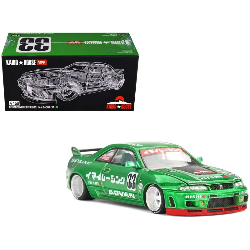 Nissan Skyline GT-R (R33) RHD (Right Hand Drive) #33 "Imai Racing V1" Green Metallic (Designed by Jun Imai) "Kaido House" Special 1/64 Diecast Model Car by Mini GT