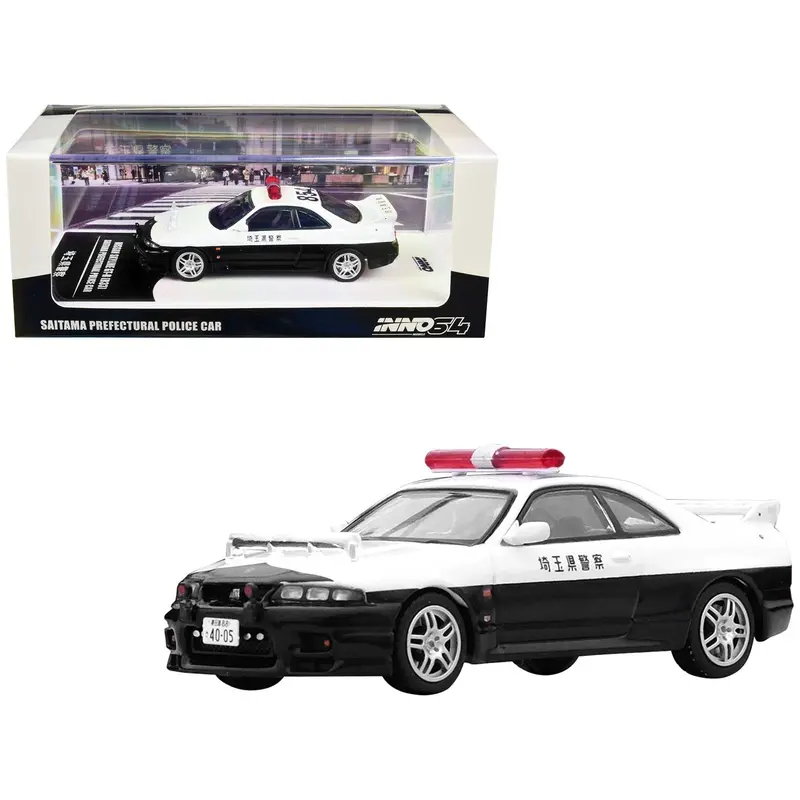 Nissan Skyline GT-R (R33) RHD (Right Hand Drive) Black and White "Saitama Prefectural" Police Car 1/64 Diecast Model Car by Inno Models