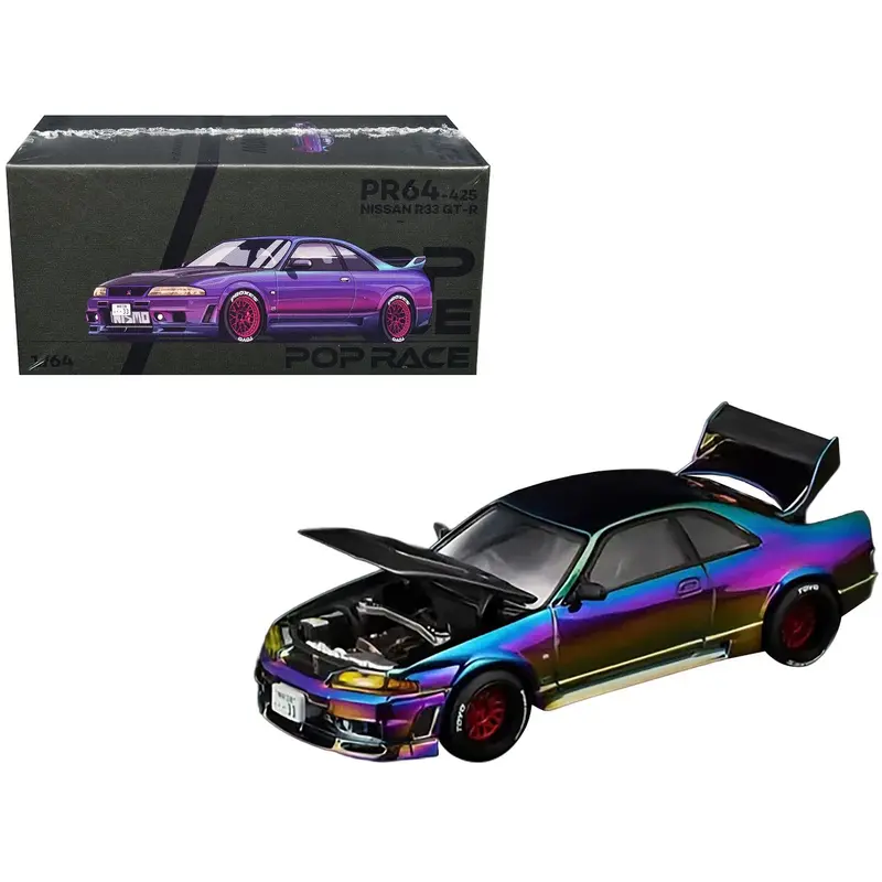 Nissan Skyline GT-R (R33) RHD (Right Hand Drive) Chameleon Chrome with Carbon Hood "Vancouver Edition" 1/64 Diecast Model Car by Pop Race