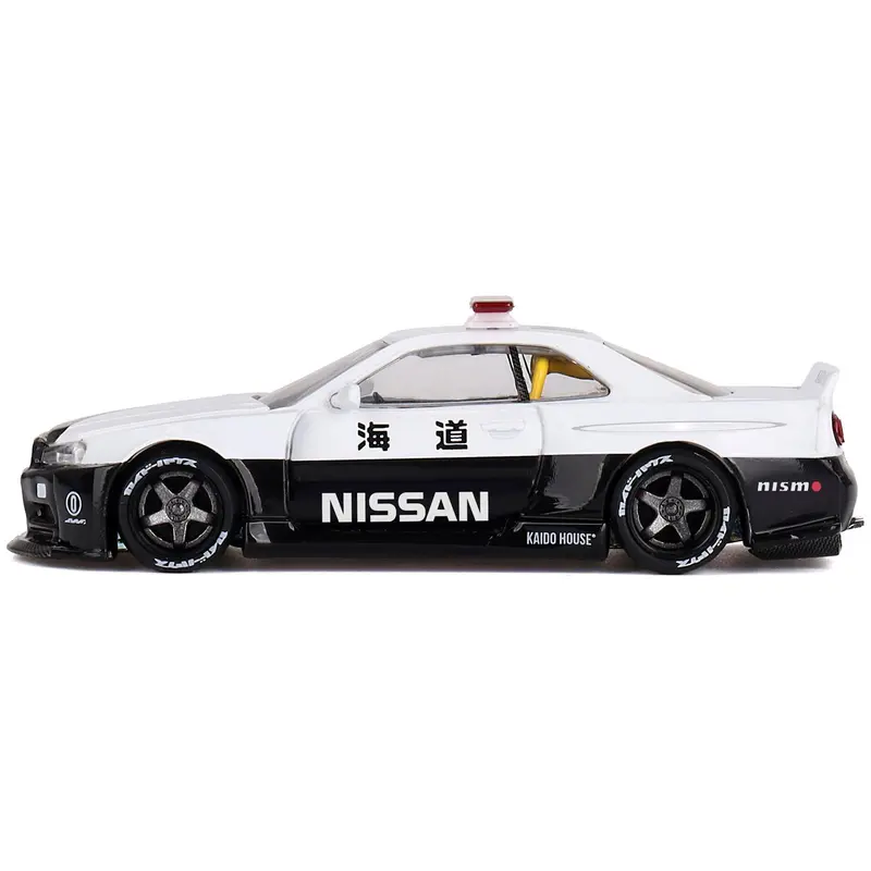 Nissan Skyline GT-R (R34) "Kaido Works (V2 Aero)" RHD (Right Hand Drive) Black and White "Japan Police" (Designed by Jun Imai) "Kaido House" Special 1/64 Diecast Model Car by Mini GT