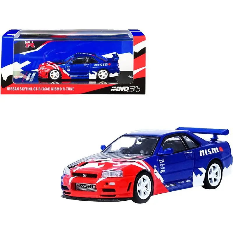 Nissan Skyline GT-R (R34) Nismo R-Tune Concept RHD (Right Hand Drive) Blue Metallic with Carbon Hood with Red and White Graphics "Tokyo Auto Salon 2000" 1/64 Diecast Model Car by Inno Models