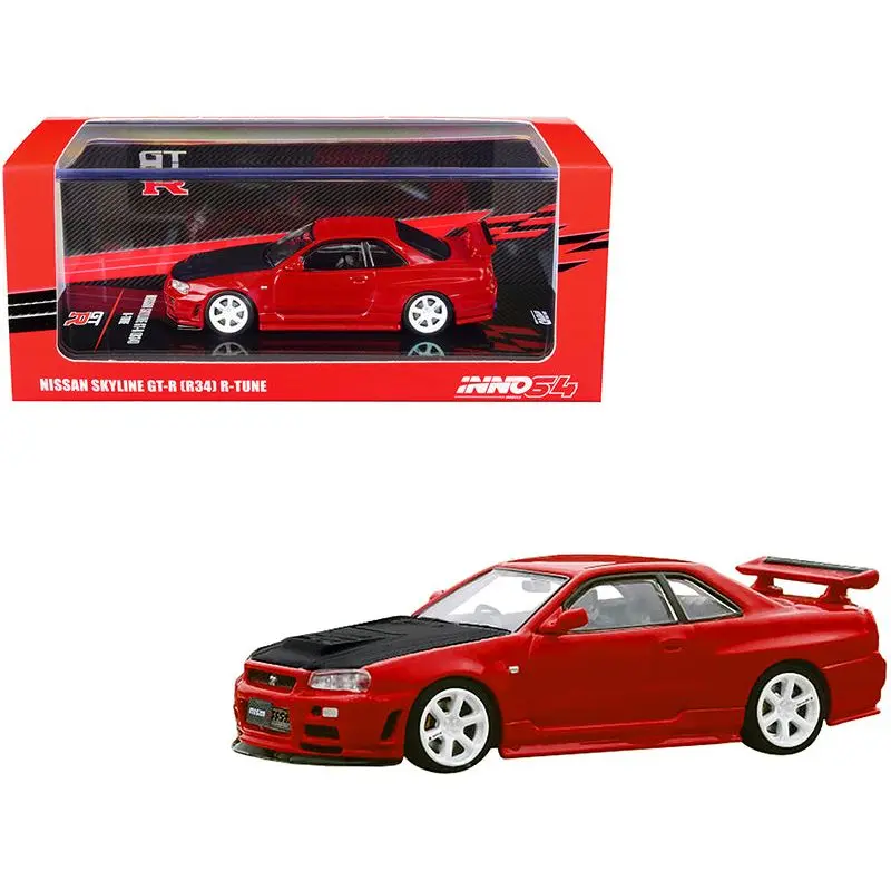 Nissan Skyline GT-R (R34) R-Tune RHD (Right Hand Drive) Active Red with Carbon Hood with Extra Wheels 1/64 Diecast Model Car by Inno Models