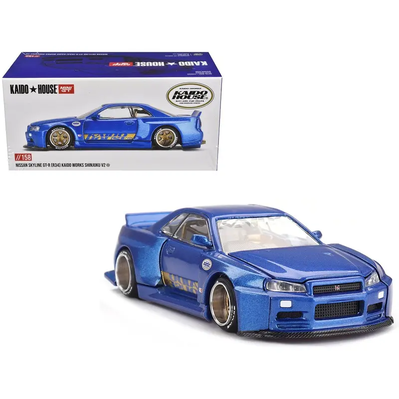 Nissan Skyline GT-R (R34) "SHINJUKU V2 Aero" RHD (Right Hand Drive) Blue Metallic (Designed by Jun Imai) "Kaido House" Special 1/64 Diecast Model Car by Mini GT
