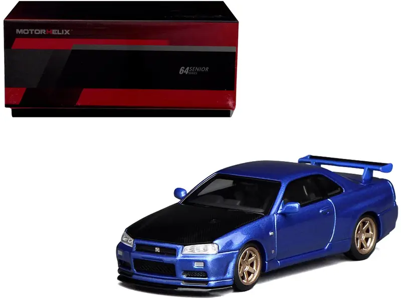 Nissan Skyline GT-R (R34) V-Spec II RHD (Right Hand Drive) Bayside Blue Metallic with Carbon Hood "Senior 64" Series 1/64 Diecast Model Car by MotorHelix