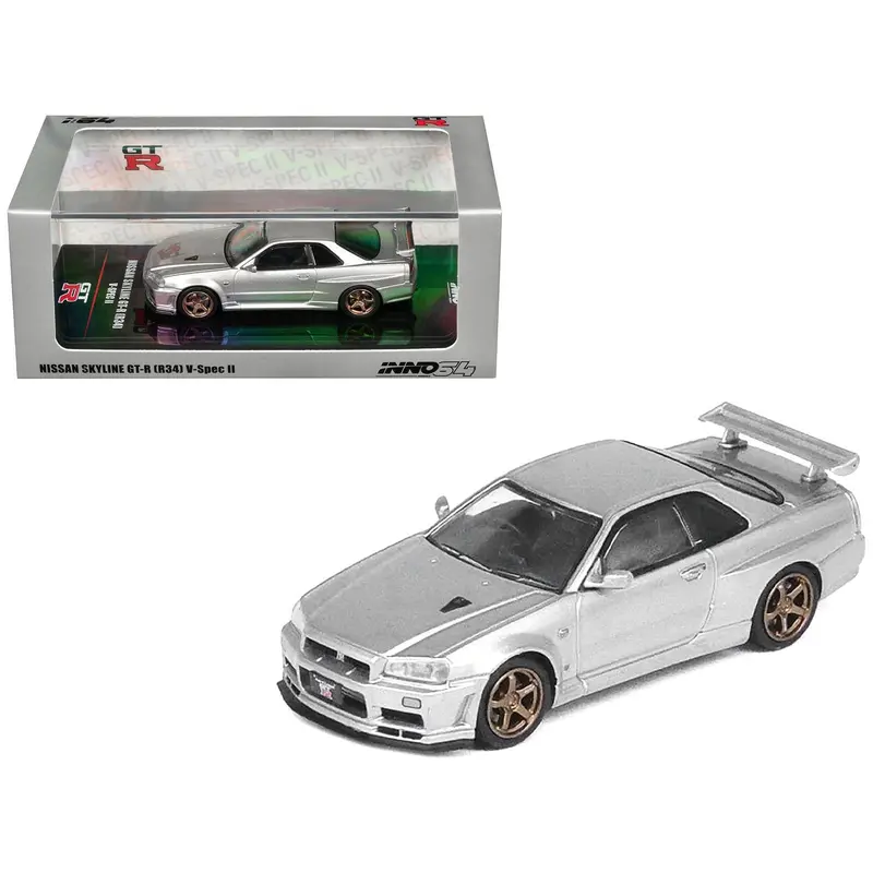 Nissan Skyline GT-R (R34) V-SPEC II RHD (Right Hand Drive) Silver Metallic 1/64 Diecast Model Car by Inno Models