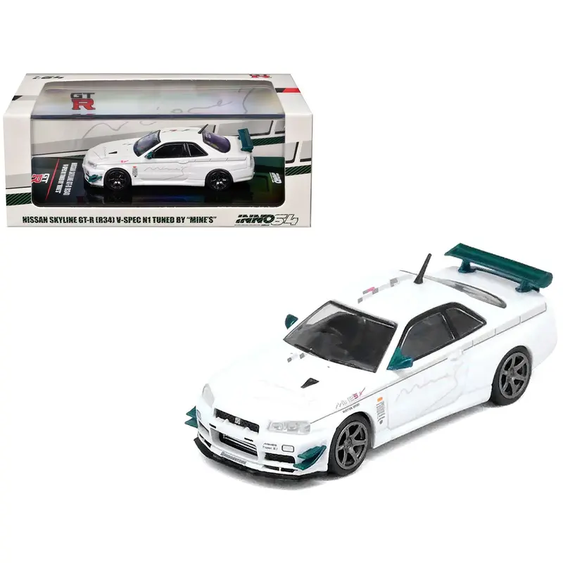 Nissan Skyline GT-R (R34) V-SPEC N1 RHD (Right Hand Drive) "Tuned by Mine's" White 1/64 Diecast Model Car by Inno Models