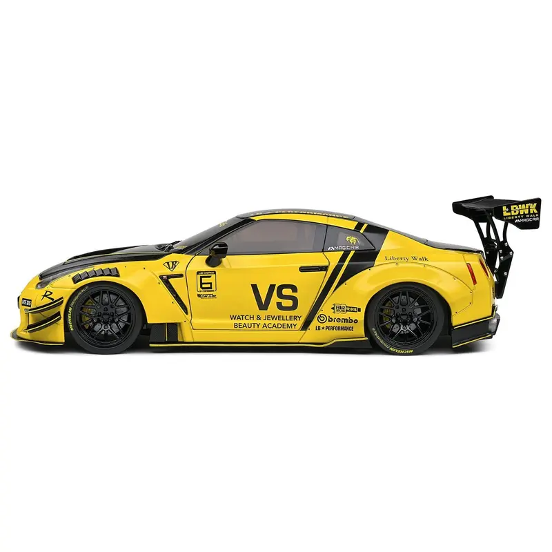 Nissan Skyline GT-R (R35) Liberty Walk Body Kit 2.0 RHD (Right Hand Drive) Yellow with Black Hood and Top 1/18 Diecast Model Car by Solido