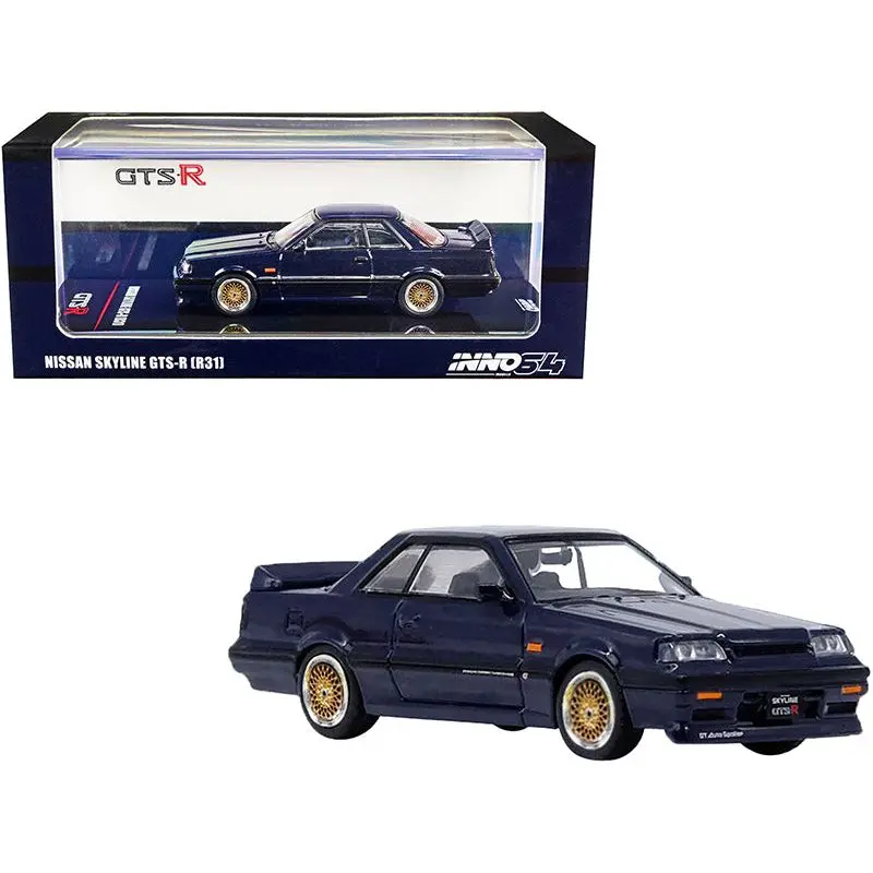 Nissan Skyline GTS-R (R31) RHD (Right Hand Drive) Dark Blue Metallic with Gold Wheels 1/64 Diecast Model Car by Inno Models