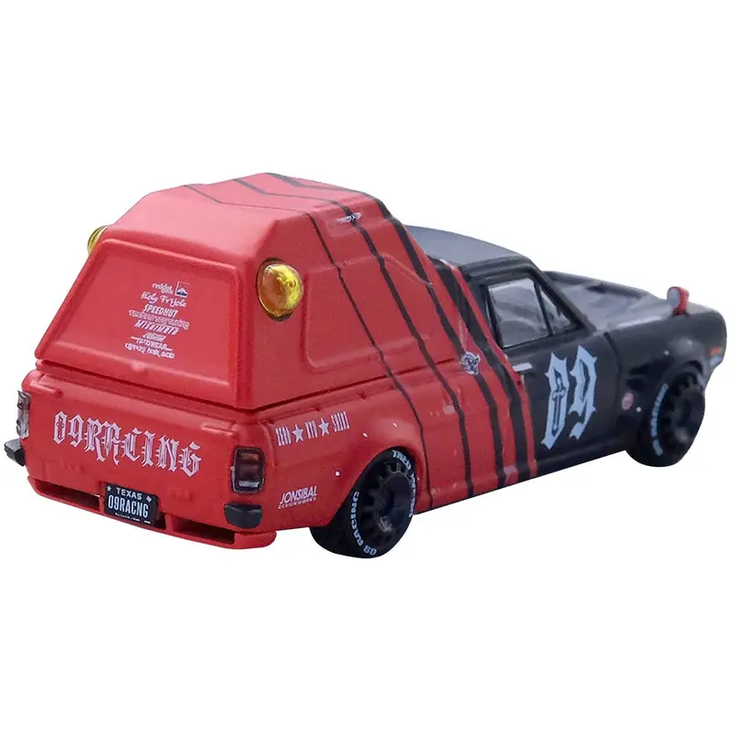 Nissan Sunny "Hakotora" Pickup Truck RHD (Right Hand Drive) #09 with Camper Shell Red and Black "09 Racing #Decepcionez" with Keychain Gift 1/64 Diecast Model Car by Inno Models