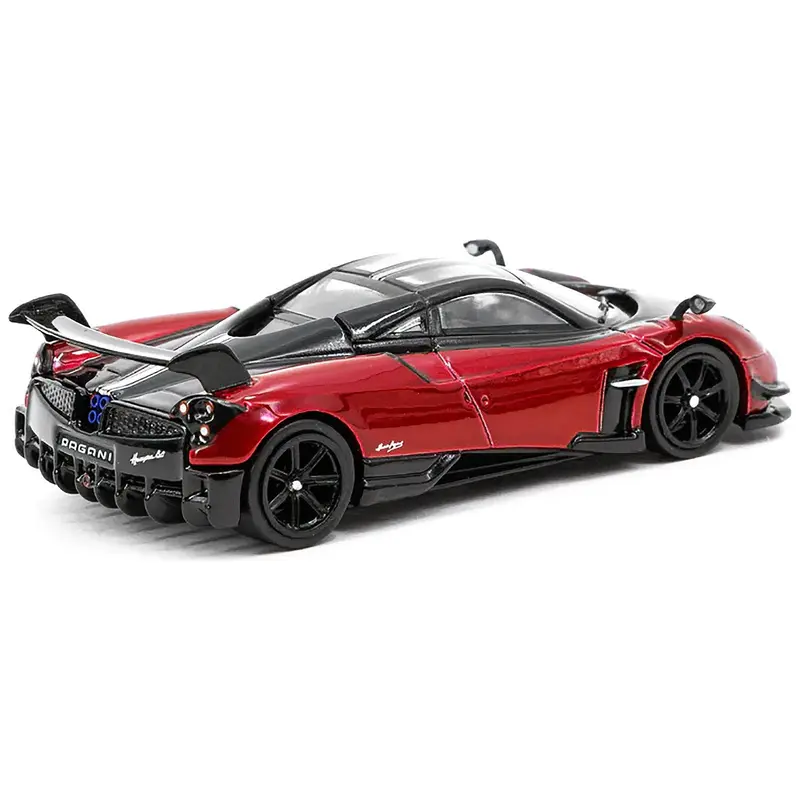 Pagani Huayra BC Rosso Dubai Red Metallic and Black with Silver Stripes "Global64" Series 1/64 Diecast Model Car by Tarmac Works