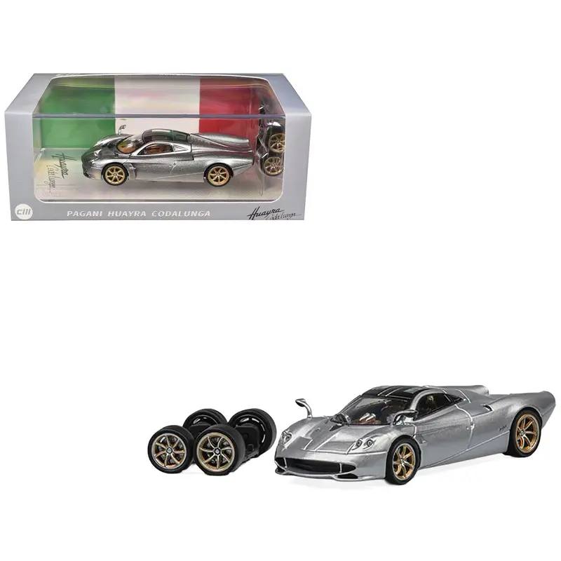 Pagani Huayra Codalunga Silver Metallic with Sunroof and Extra Wheels 1/64 Diecast Model Car by CM Model